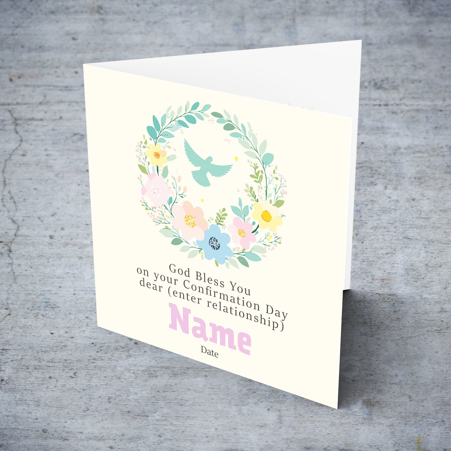 A cream coloured background with pastel colours confirmation card for girl in English (Personalisable with name & relationship)