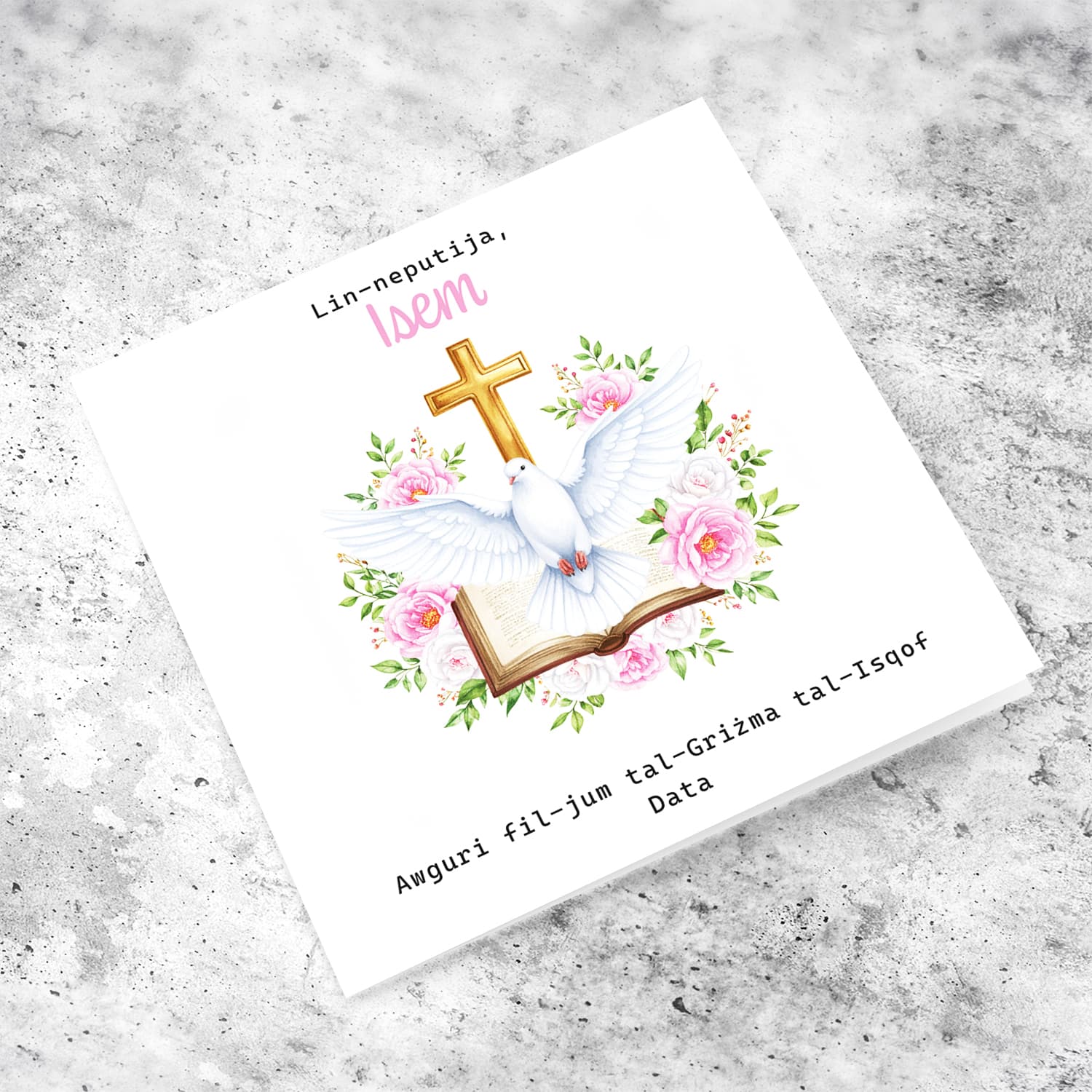 An elegant Confirmation card for Niece / Granddaughter featuring the Holy Spirit dove, an open Bible and beautiful pink and white flowers in Maltese (Personalisable)
