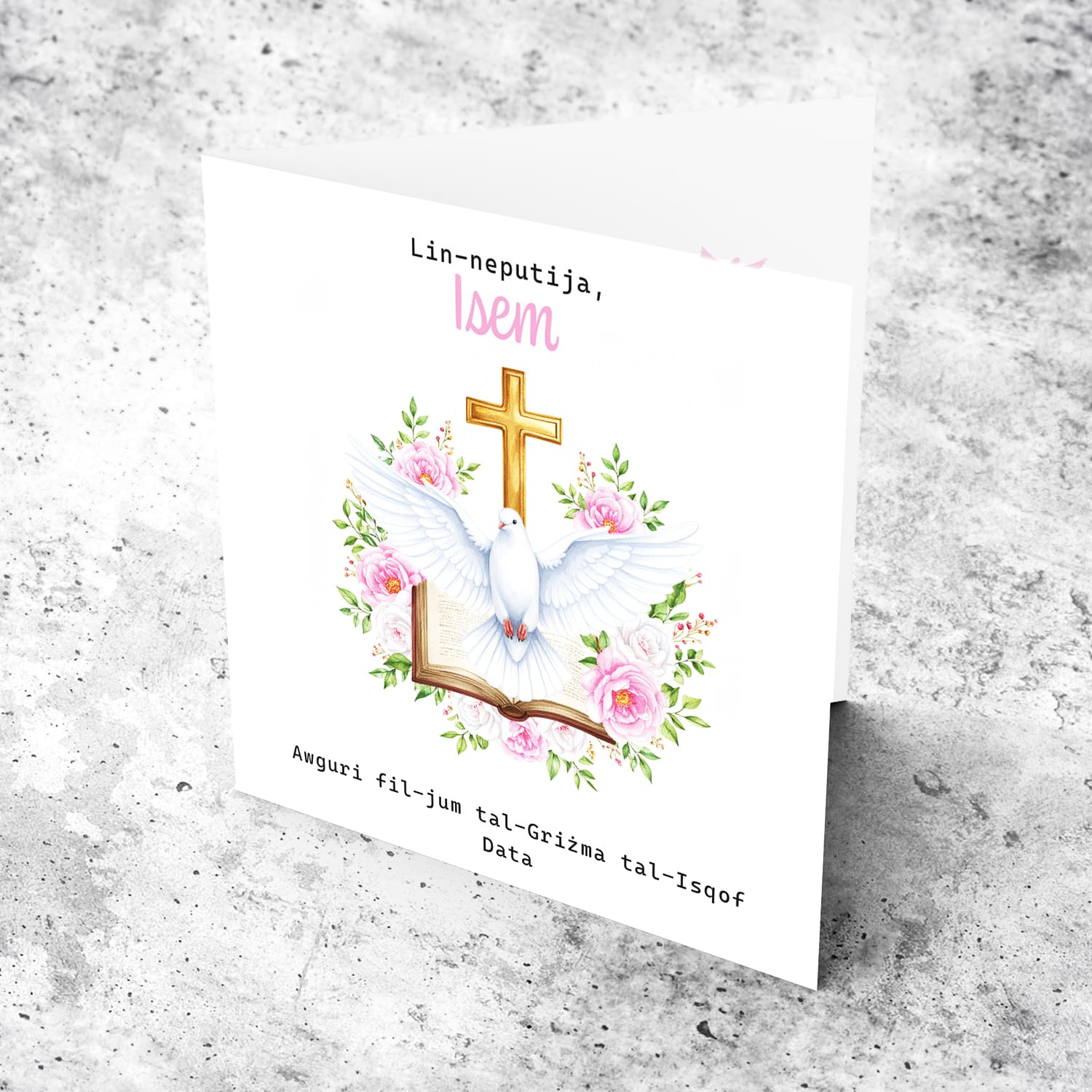 An elegant Confirmation card for Niece / Granddaughter featuring the Holy Spirit dove, an open Bible and beautiful pink and white flowers in Maltese (Personalisable)