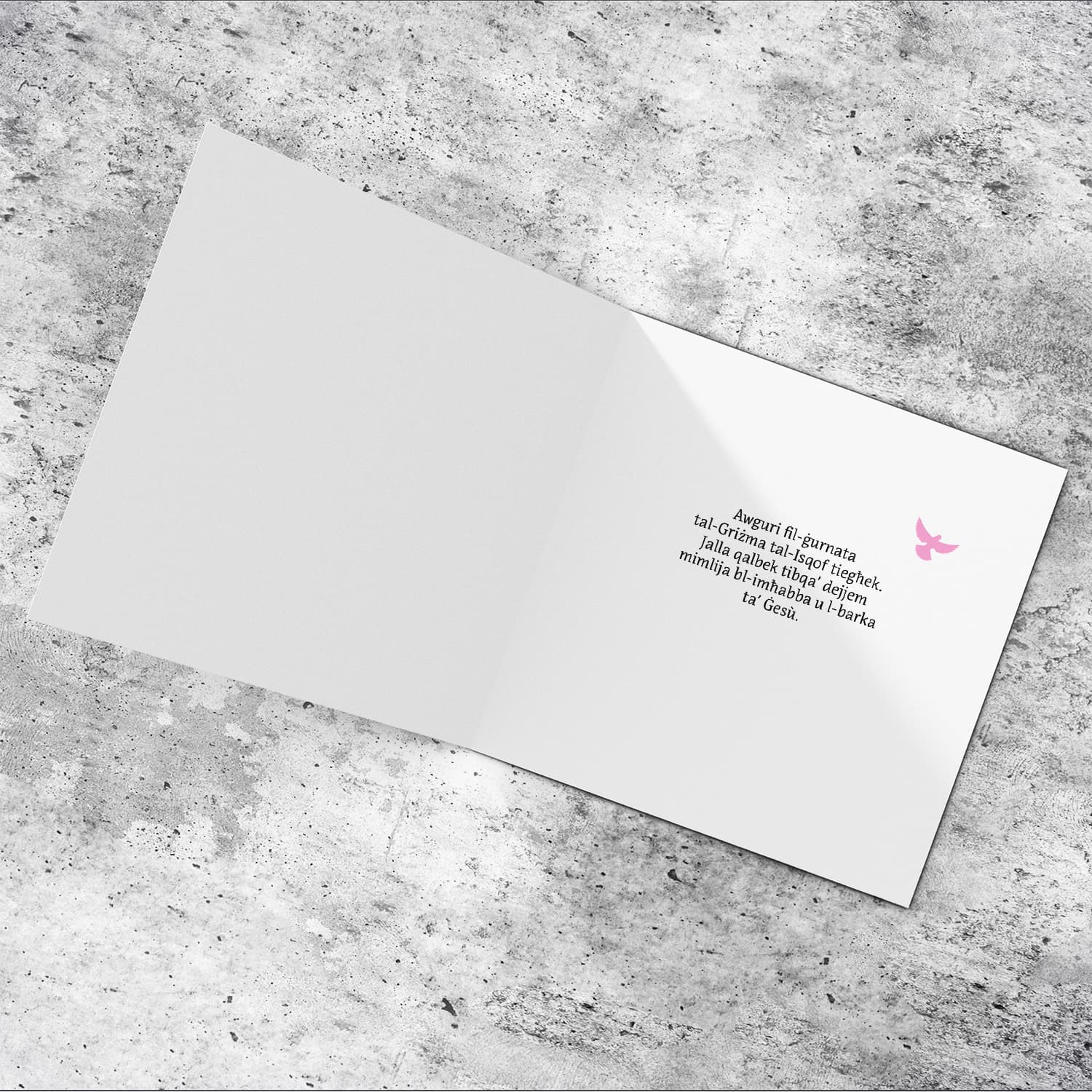 An elegant Confirmation card for Niece / Granddaughter featuring the Holy Spirit dove, an open Bible and beautiful pink and white flowers in Maltese (Personalisable)