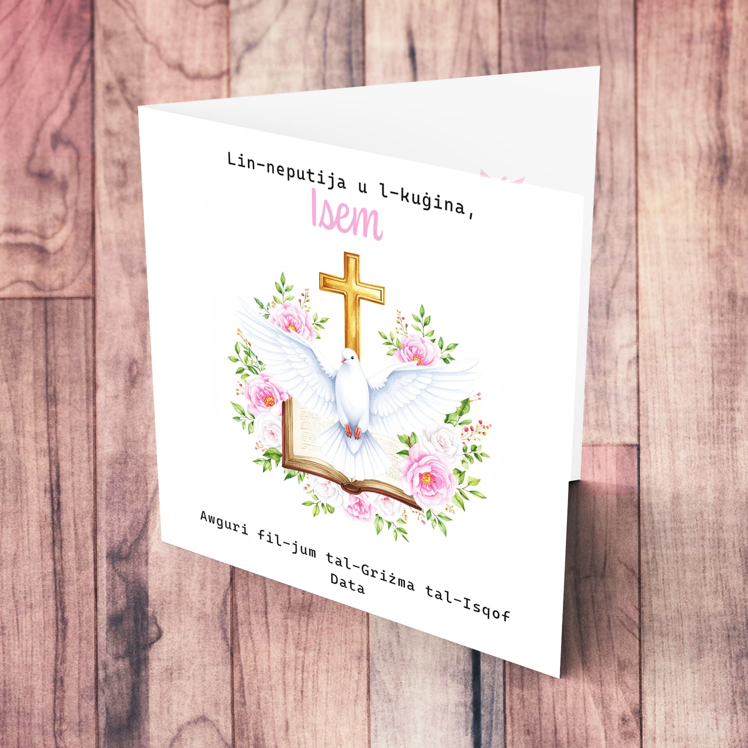 An elegant Confirmation card for Niece & Cousin featuring the Holy Spirit dove, an open Bible and beautiful pink and white flowers in Maltese (Personalisable)