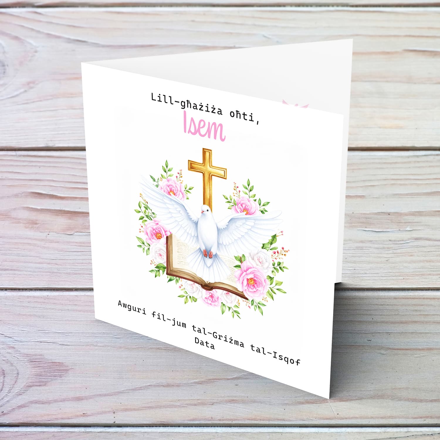 An elegant Confirmation card for Sister featuring the Holy Spirit dove, an open Bible and beautiful pink and white flowers in Maltese (Personalisable)