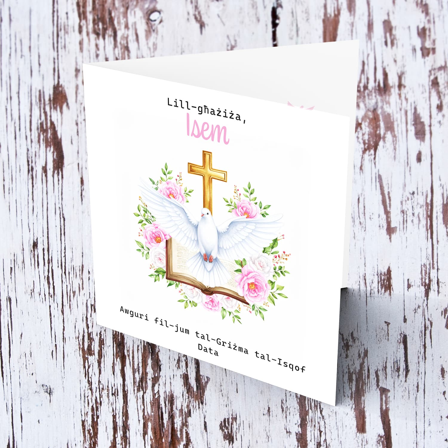 An elegant Confirmation card for a dear girl featuring the Holy Spirit dove, an open Bible and beautiful pink and white flowers in Maltese (Personalisable)