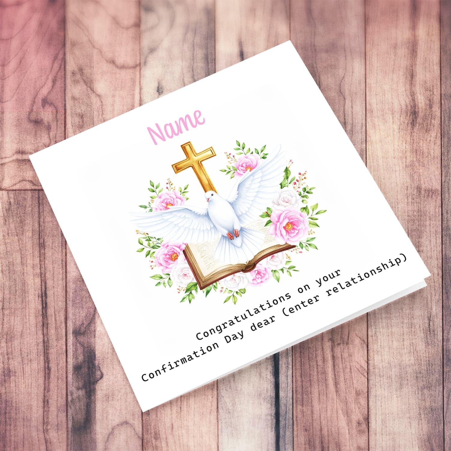An elegant Confirmation card for a girl featuring the Holy Spirit dove, an open Bible and beautiful pink and white flowers in English (Personalisable)