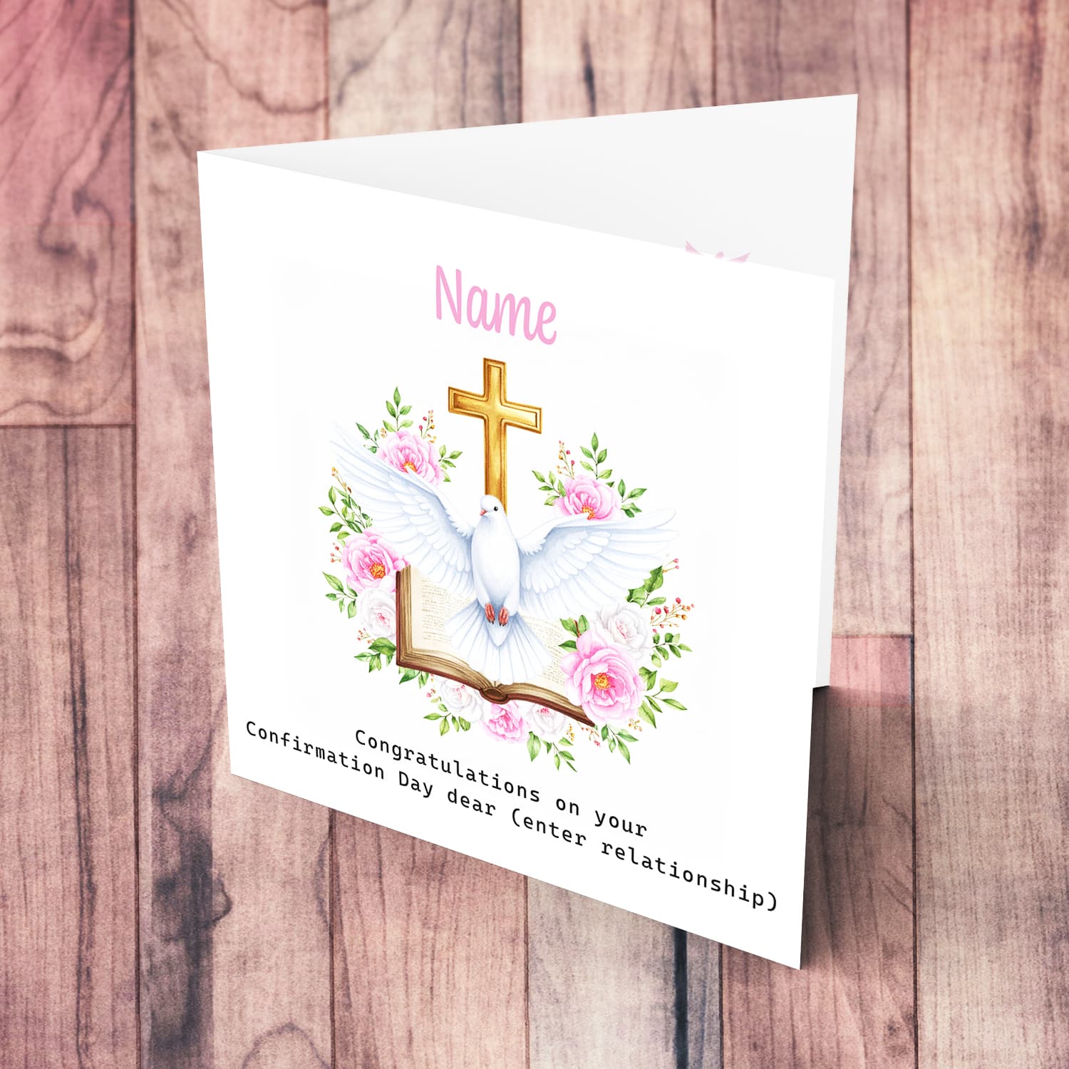 An elegant Confirmation card for a girl featuring the Holy Spirit dove, an open Bible and beautiful pink and white flowers in English (Personalisable)