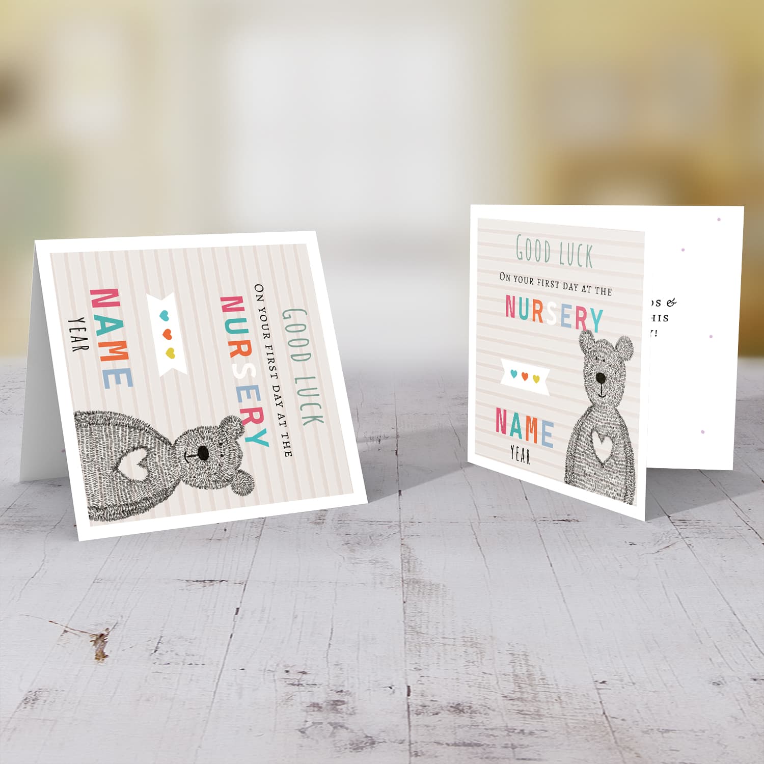 Cute bear themed good luck card for the first day at the nursery with striped background (Personalisable) in English