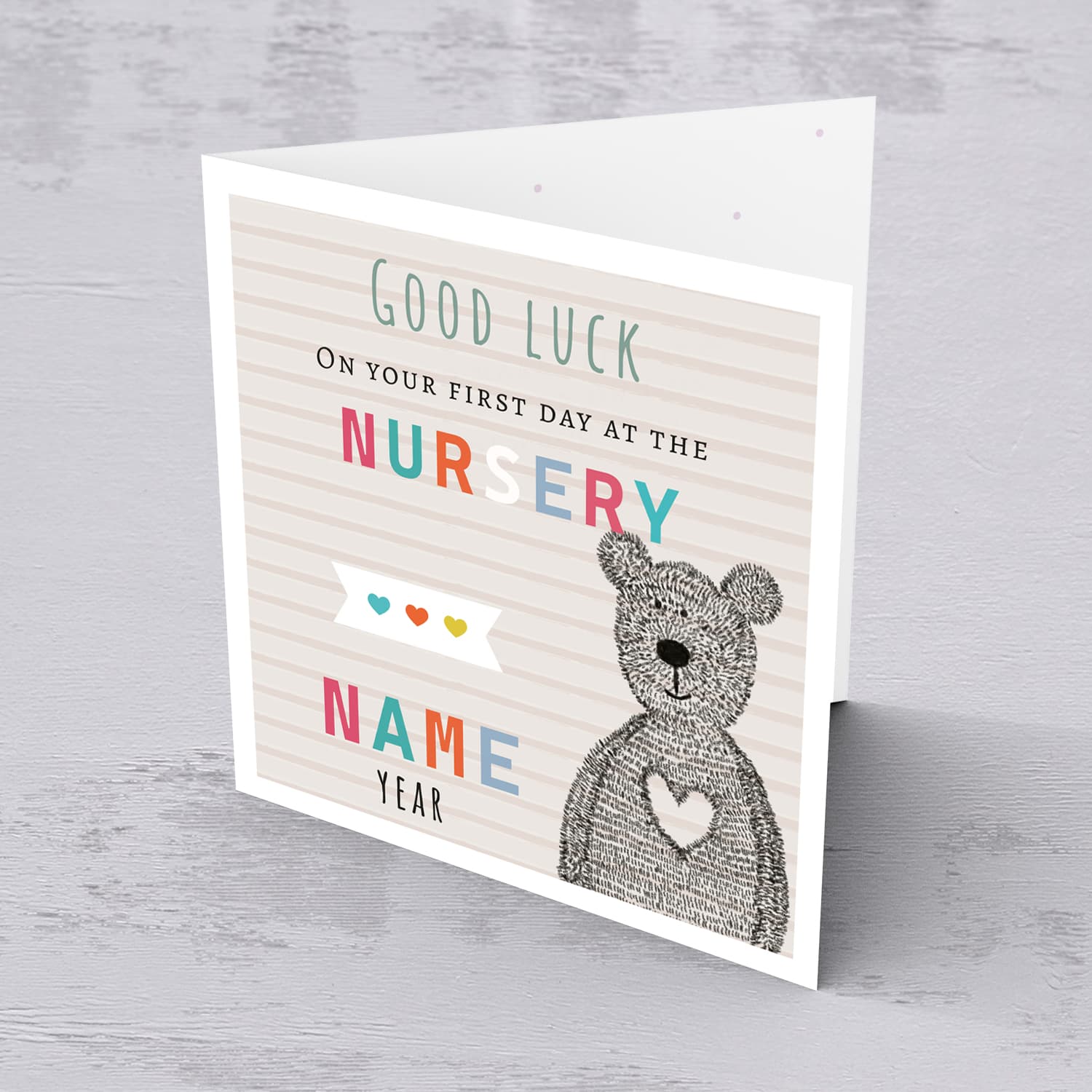 Cute bear themed good luck card for the first day at the nursery with striped background (Personalisable) in English