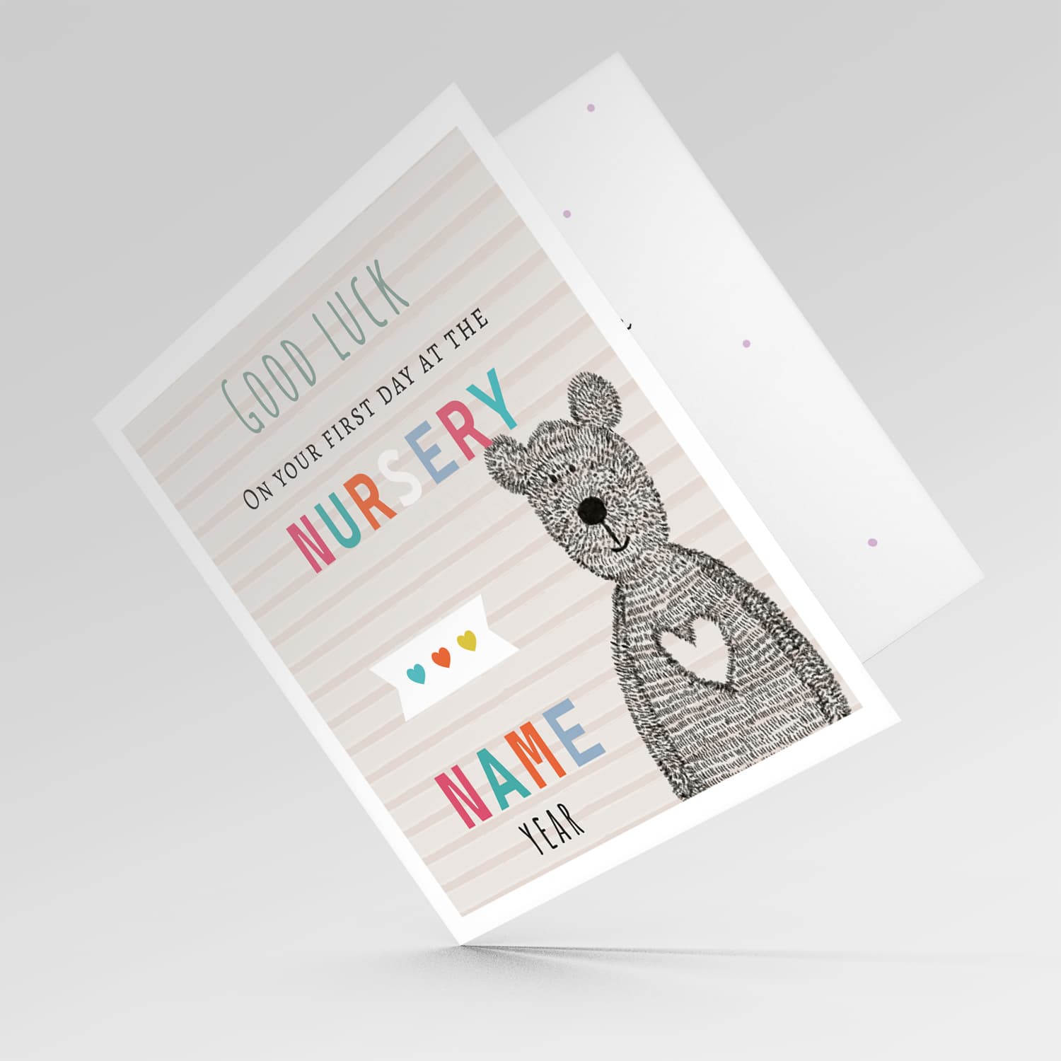 Cute bear themed good luck card for the first day at the nursery with striped background (Personalisable) in English