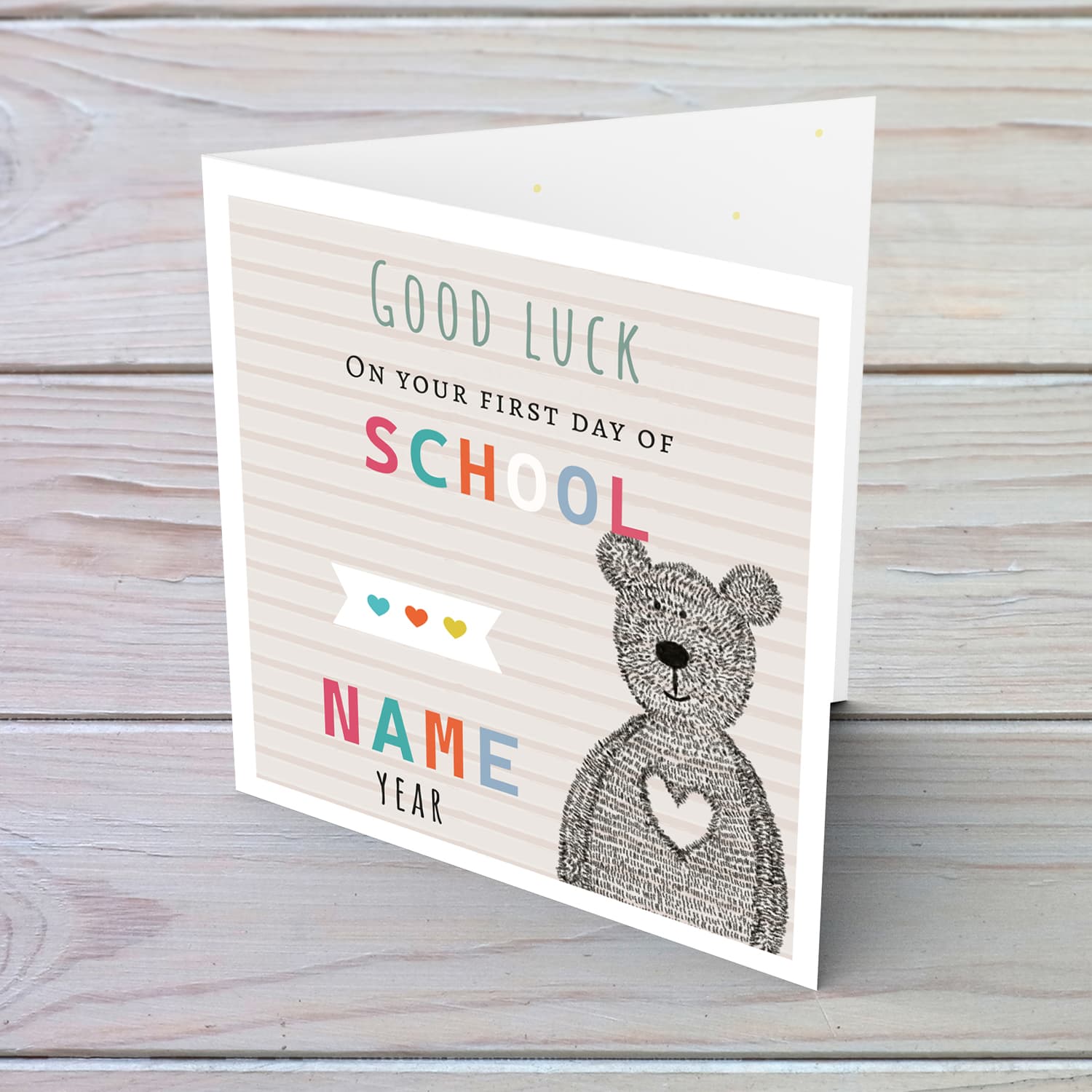 Cute bear themed good luck card for the first day of school with striped background (Personalisable) in English