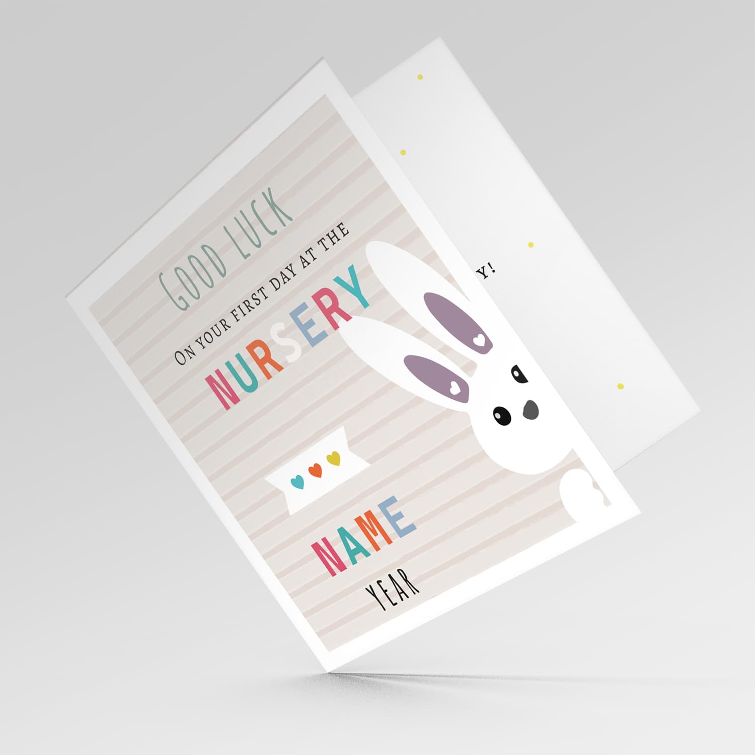 Cute bunny themed good luck card for the first day at the nursery with striped background (Personalisable) in English