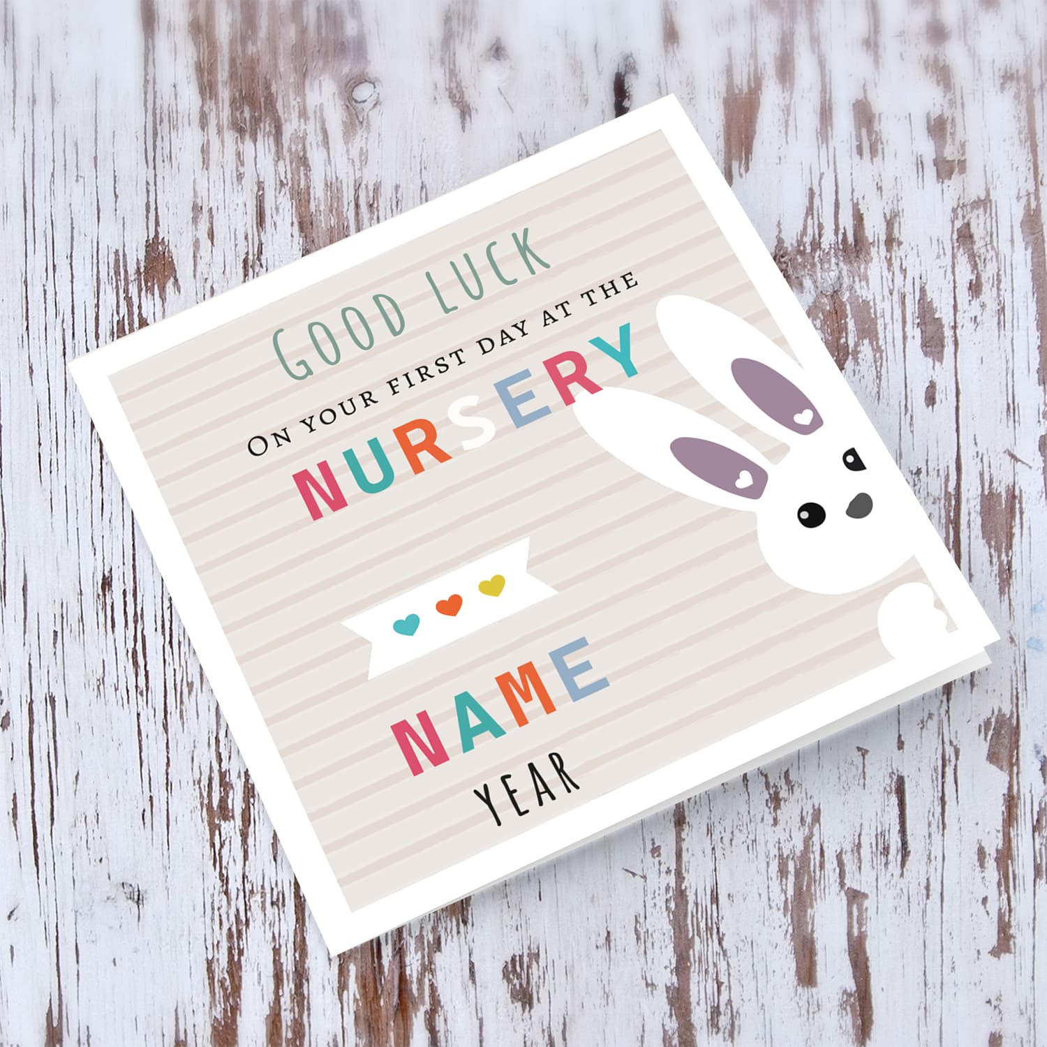 Cute bunny themed good luck card for the first day at the nursery with striped background (Personalisable) in English