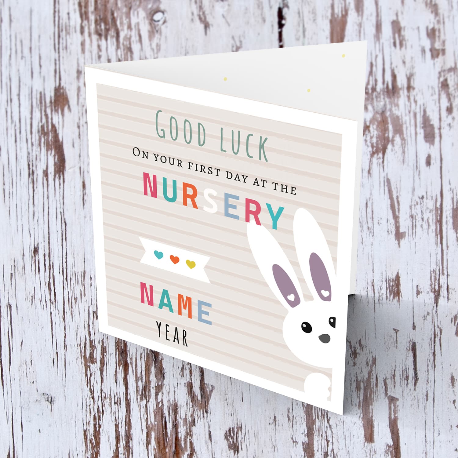 Cute bunny themed good luck card for the first day at the nursery with striped background (Personalisable) in English