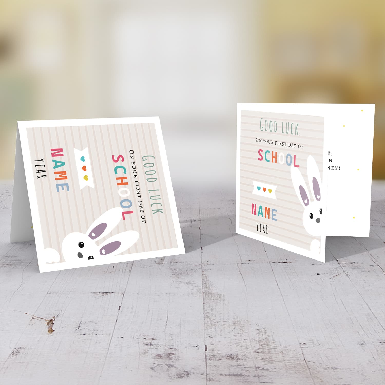 Cute bunny themed good luck card for the first day of school with striped background (Personalisable) in English