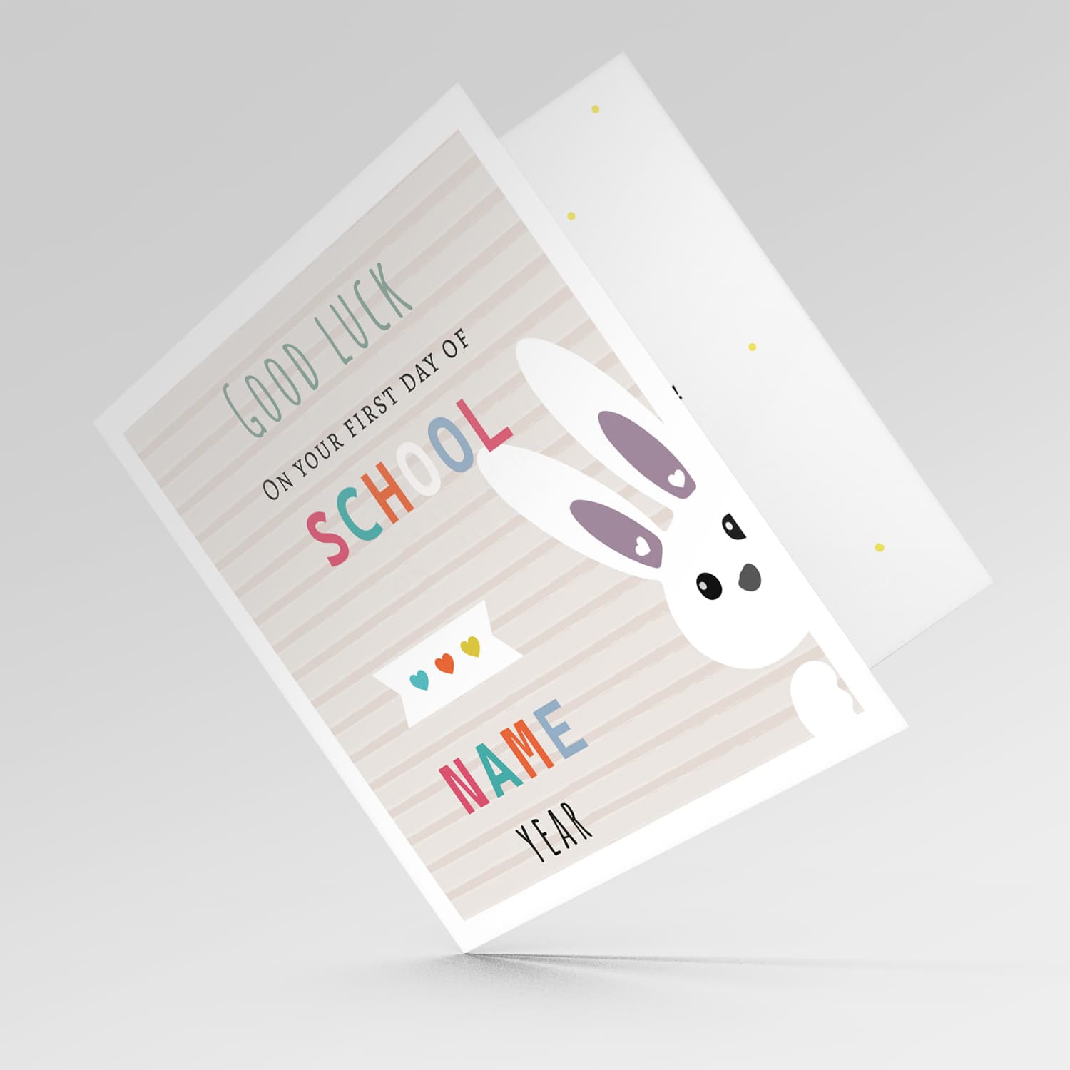 Cute bunny themed good luck card for the first day of school with striped background (Personalisable) in English