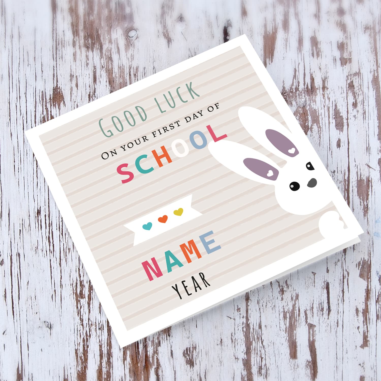 Cute bunny themed good luck card for the first day of school with striped background (Personalisable) in English