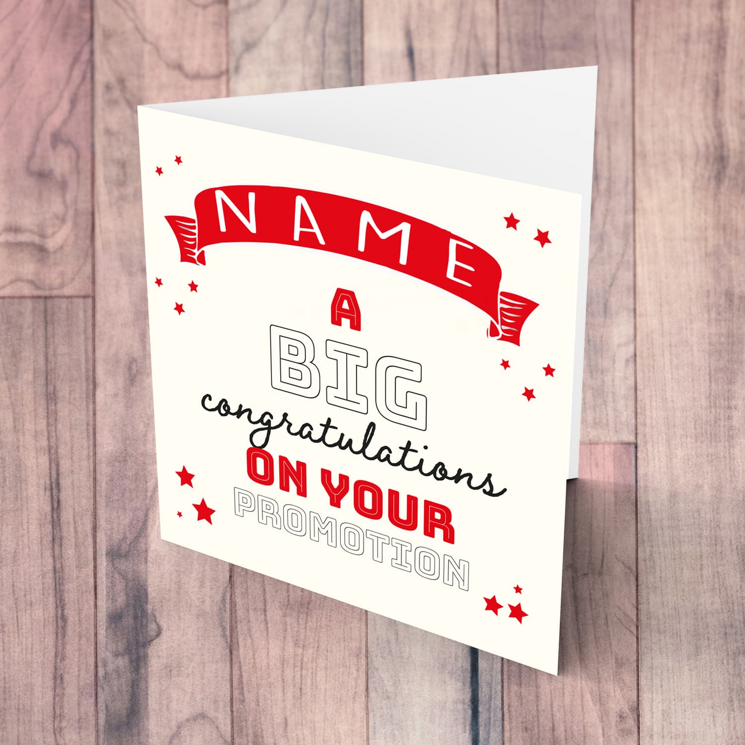 Congratulations and good luck on your promotion greeting card with red banner in English (Personalisable)