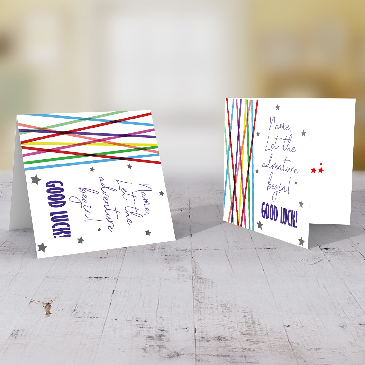 Colourful lines and scattered stars - let the adventure begin good luck card in English (Personalisable)
