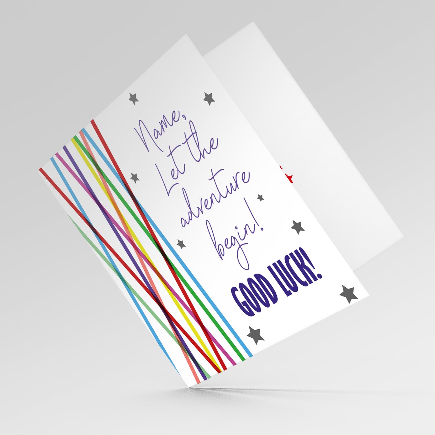 Colourful lines and scattered stars - let the adventure begin good luck card in English (Personalisable)