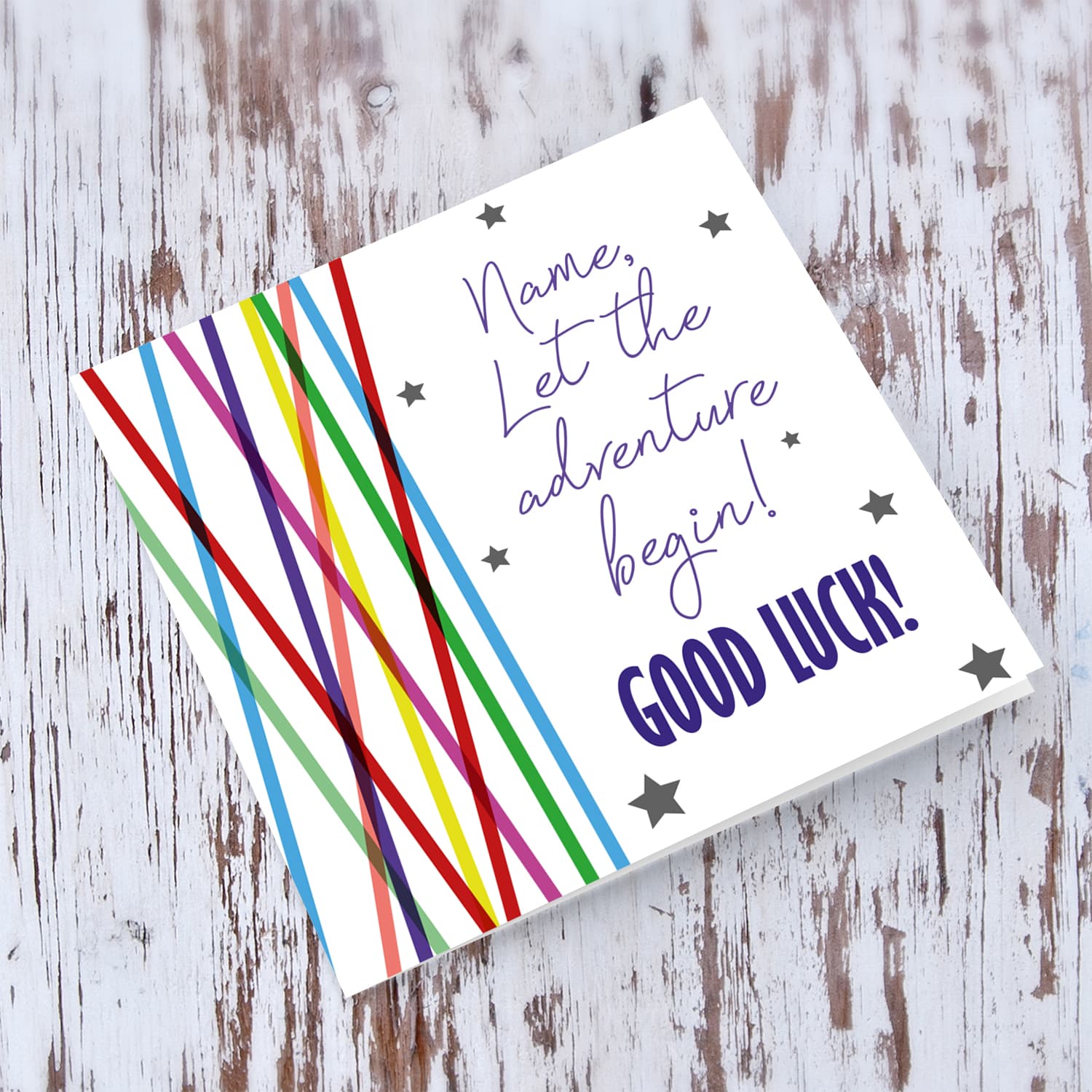 Colourful lines and scattered stars - let the adventure begin good luck card in English (Personalisable)