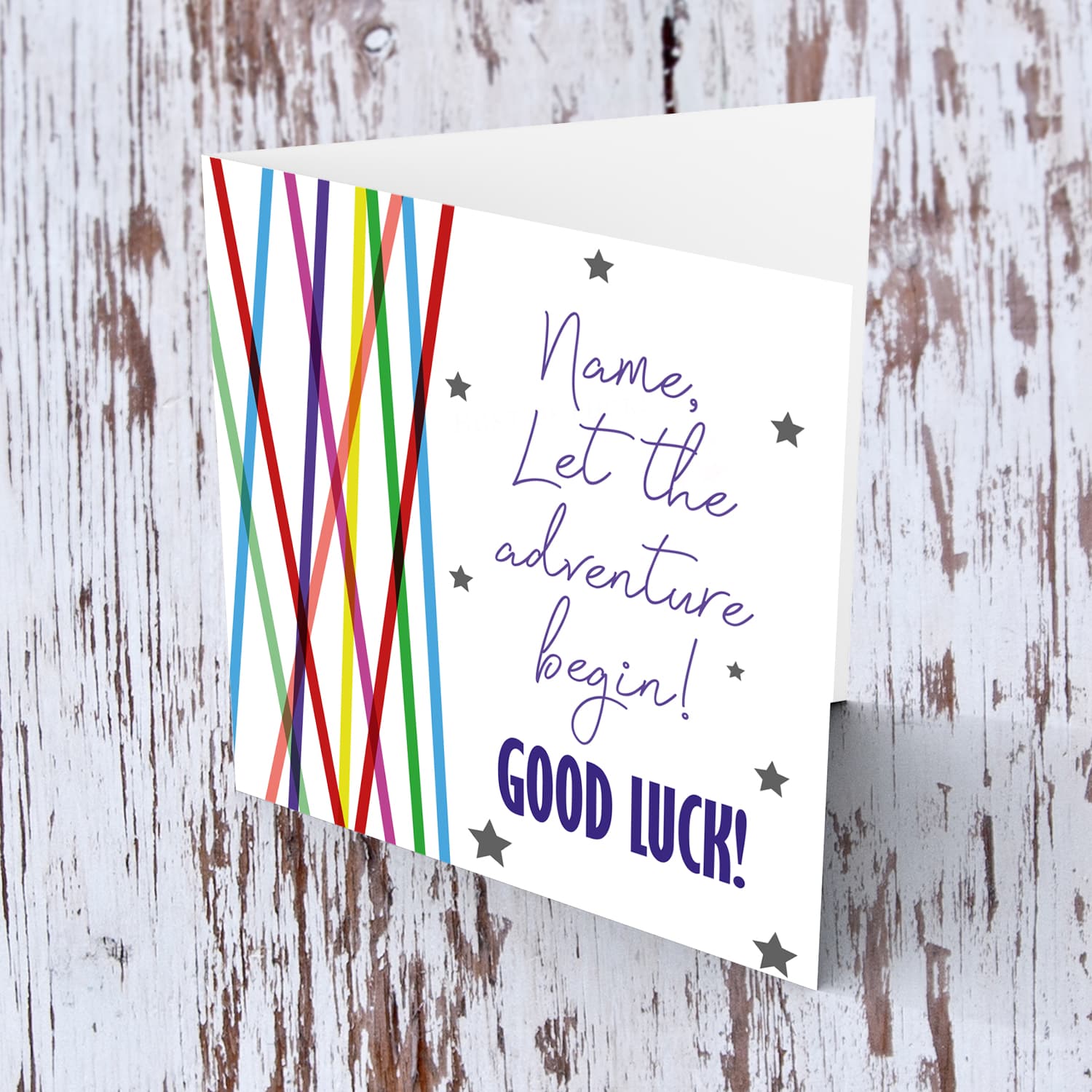 Colourful lines and scattered stars - let the adventure begin good luck card in English (Personalisable)