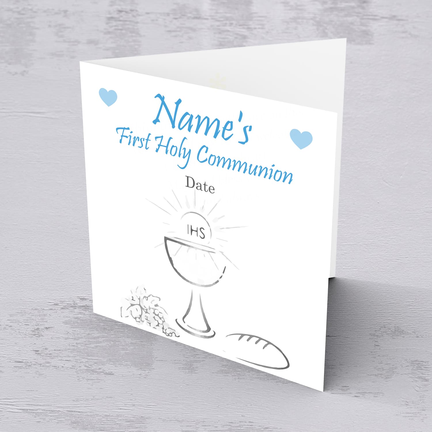 Holy Communion personalisable card for boys with grapes, bread, chalice and the holy communion in English