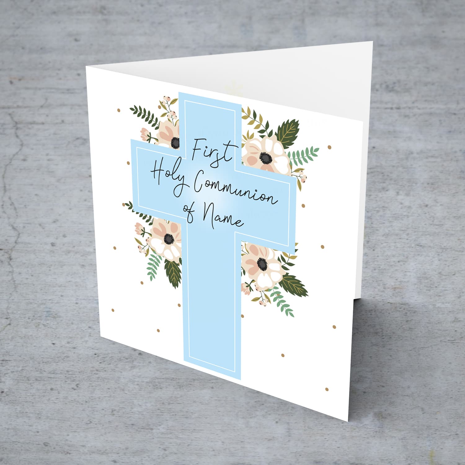 Holy cross in light blue with florals personalisable holy communion card in English