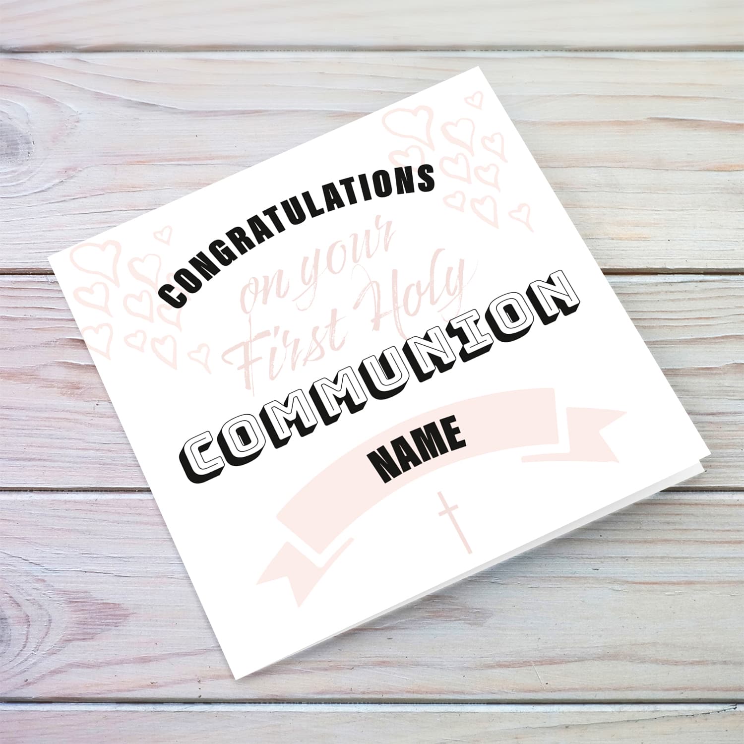 Minimalist holy communion card for girls (personalisable) with white background and light pink hearts in English