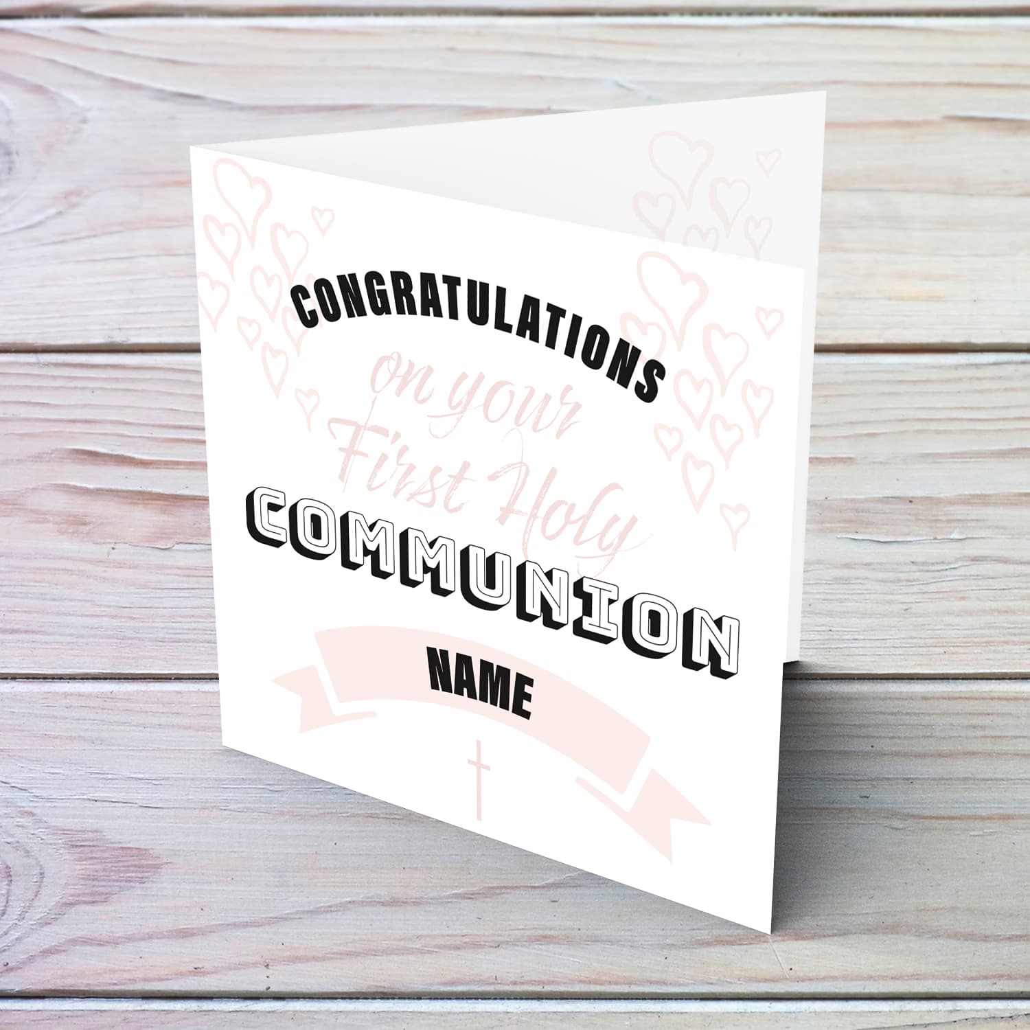 Minimalist holy communion card for girls (personalisable) with white background and light pink hearts in English