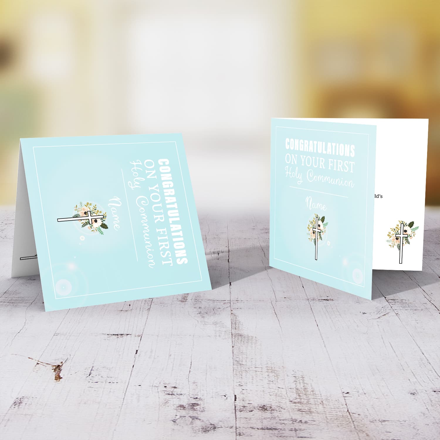 Light blue with cross and florals Holy Communion Card in English for boys