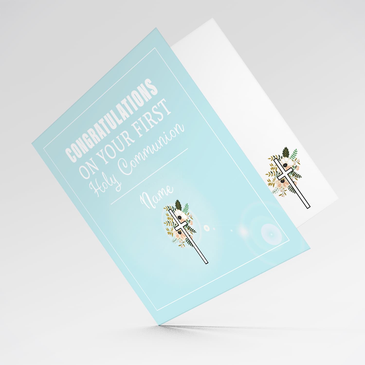 Light blue with cross and florals Holy Communion Card in English for boys