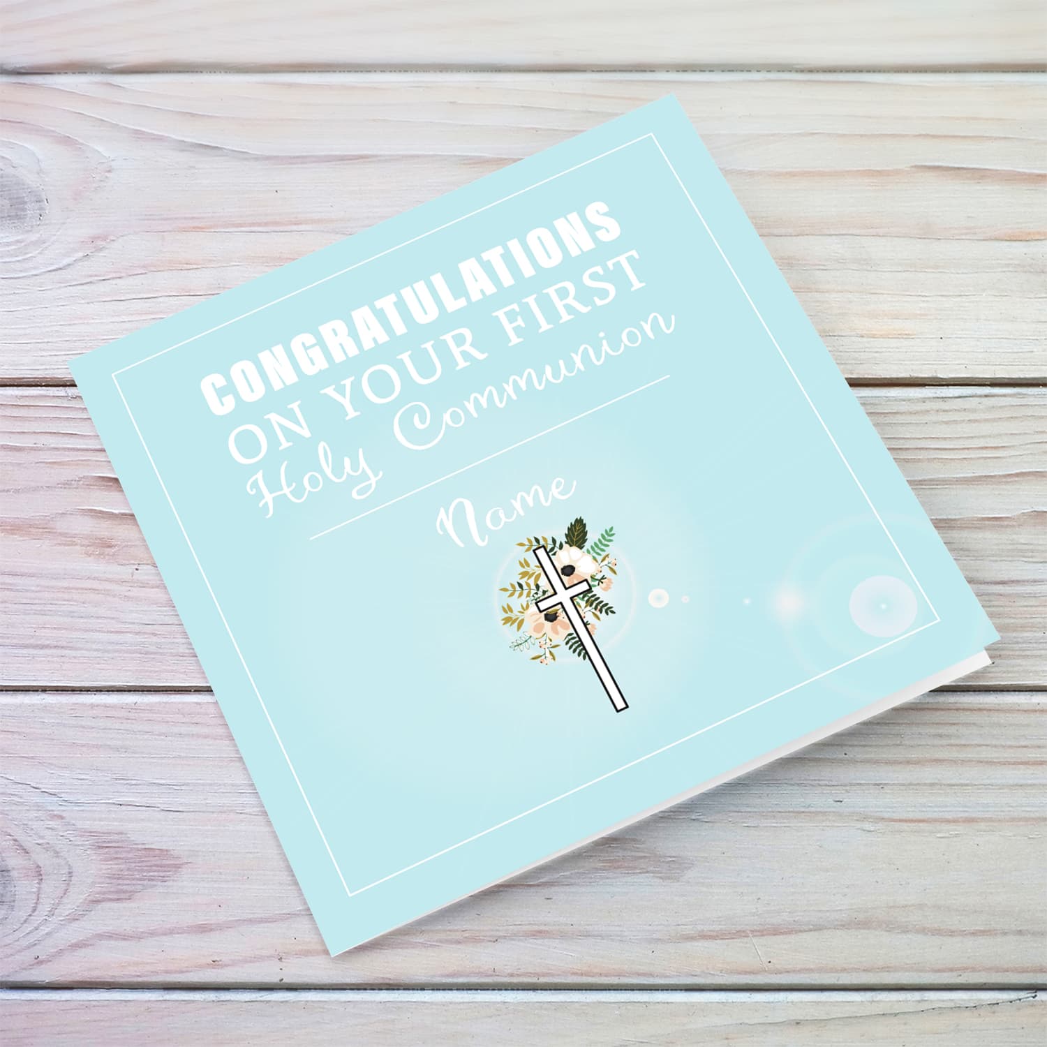 Light blue with cross and florals Holy Communion Card in English for boys