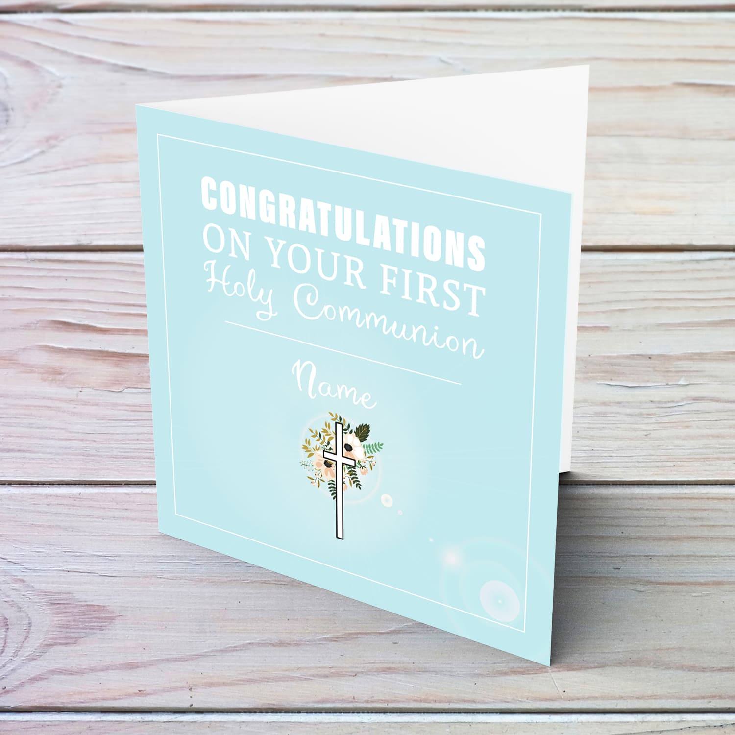 Light blue with cross and florals Holy Communion Card in English for boys