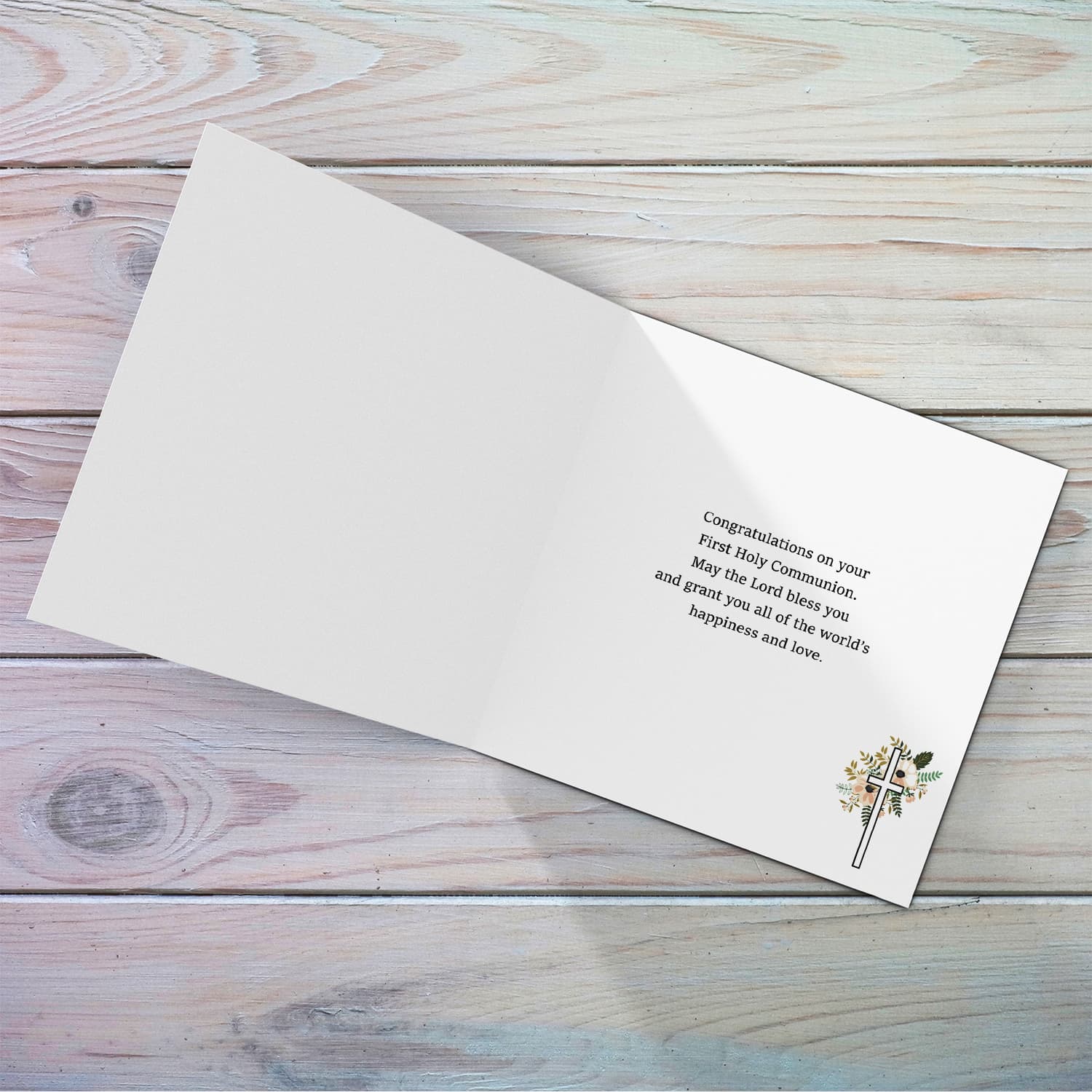 Light blue with cross and florals Holy Communion Card in English for boys