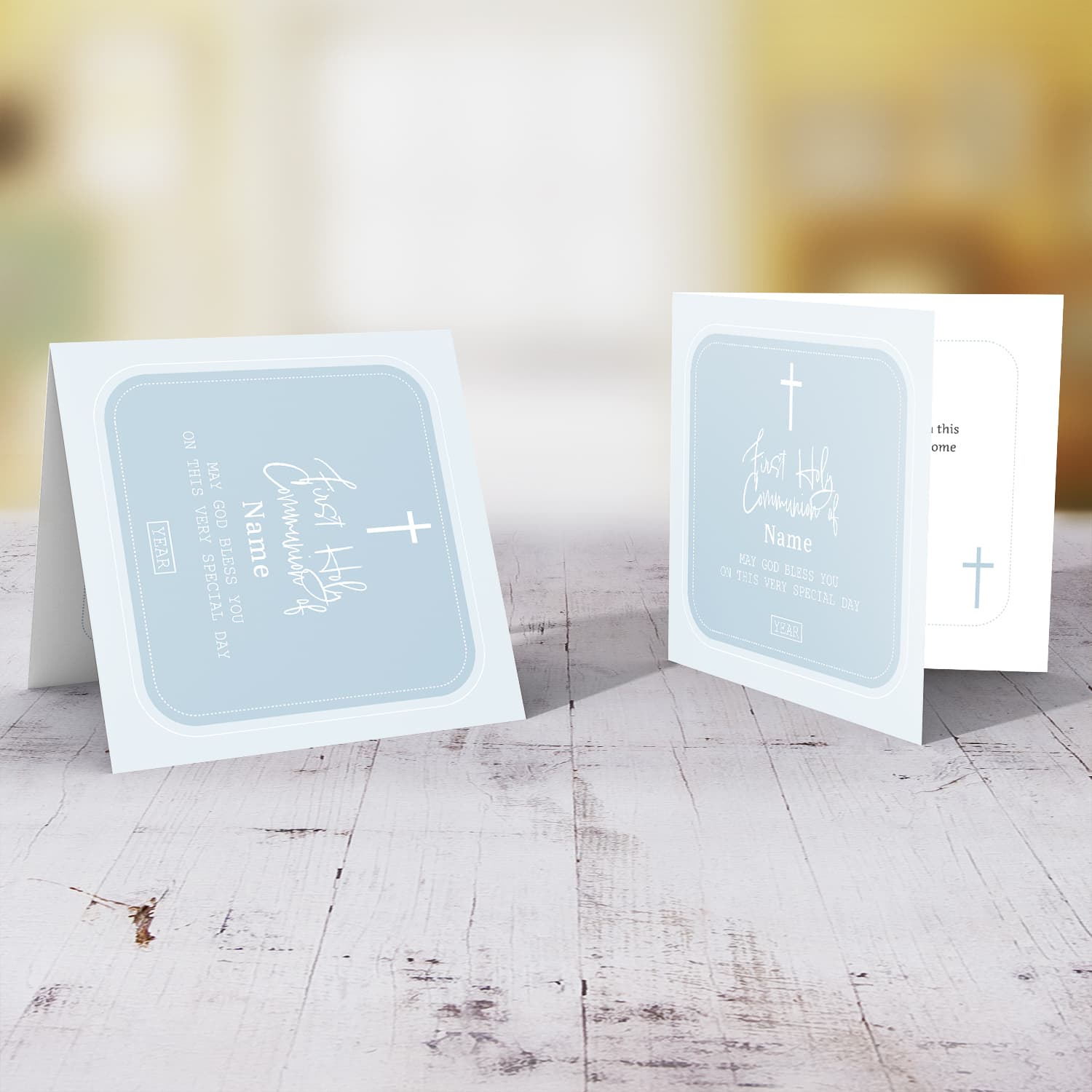 Different shades of blue Holy Communion card in English (Personalisable)