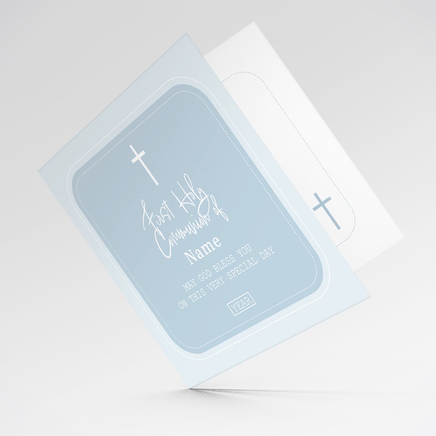 Different shades of blue Holy Communion card in English (Personalisable)