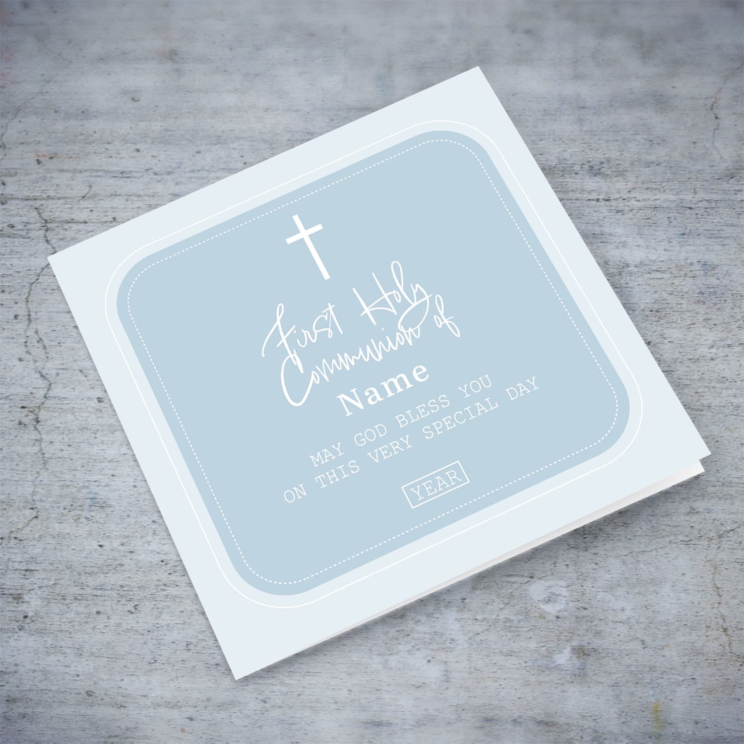 Different shades of blue Holy Communion card in English (Personalisable)