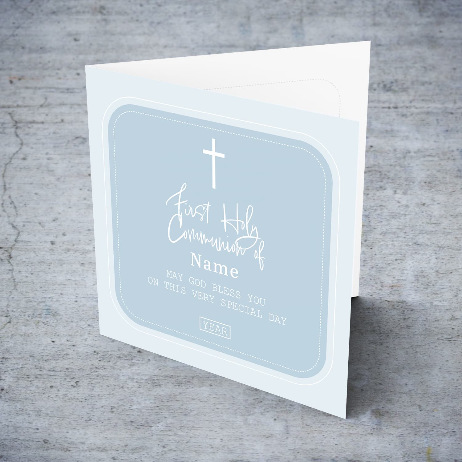 Different shades of blue Holy Communion card in English (Personalisable)