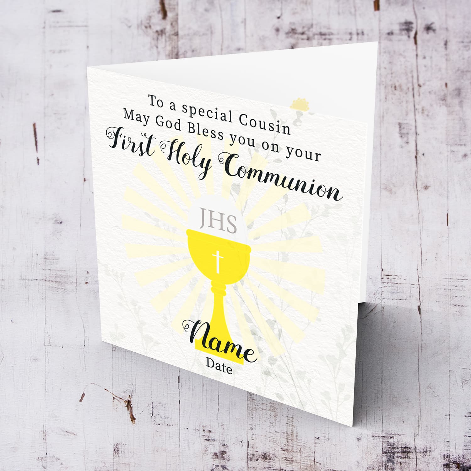 A beautiful First Holy Communion Card for Cousin, feauturing a chalice and holy bread with a neutral background in English (Personalisable)