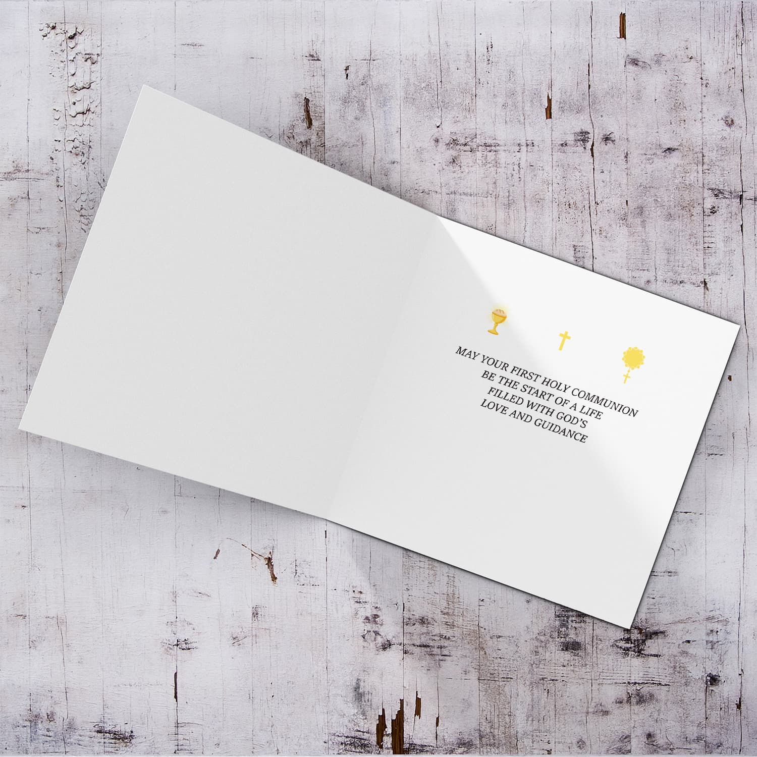 A beautiful First Holy Communion Card for Cousin, feauturing a chalice and holy bread with a neutral background in English (Personalisable)