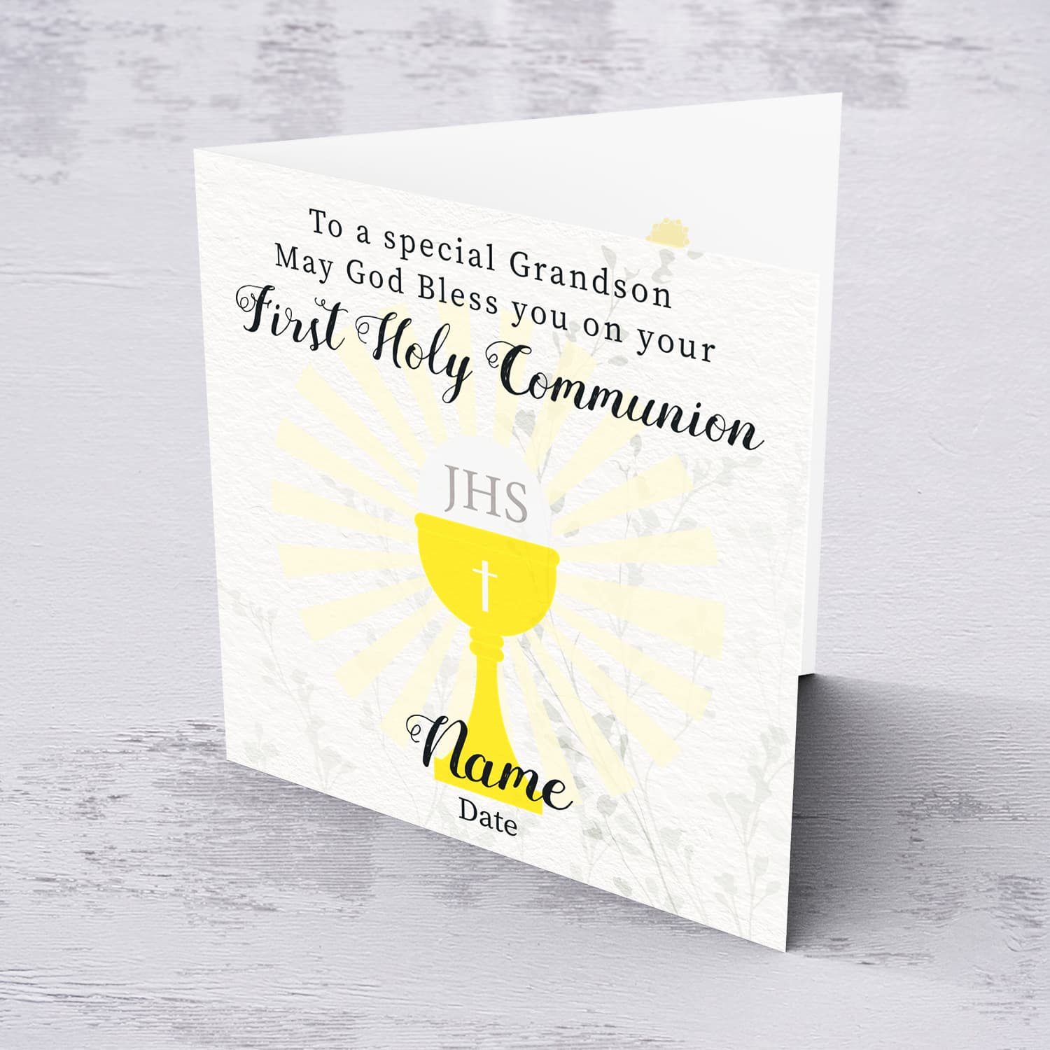 A beautiful First Holy Communion Card for Grandson, feauturing a chalice and holy bread with a neutral background in English (Personalisable)