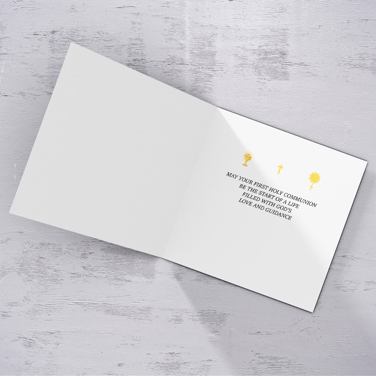 A beautiful First Holy Communion Card for Grandson, feauturing a chalice and holy bread with a neutral background in English (Personalisable)