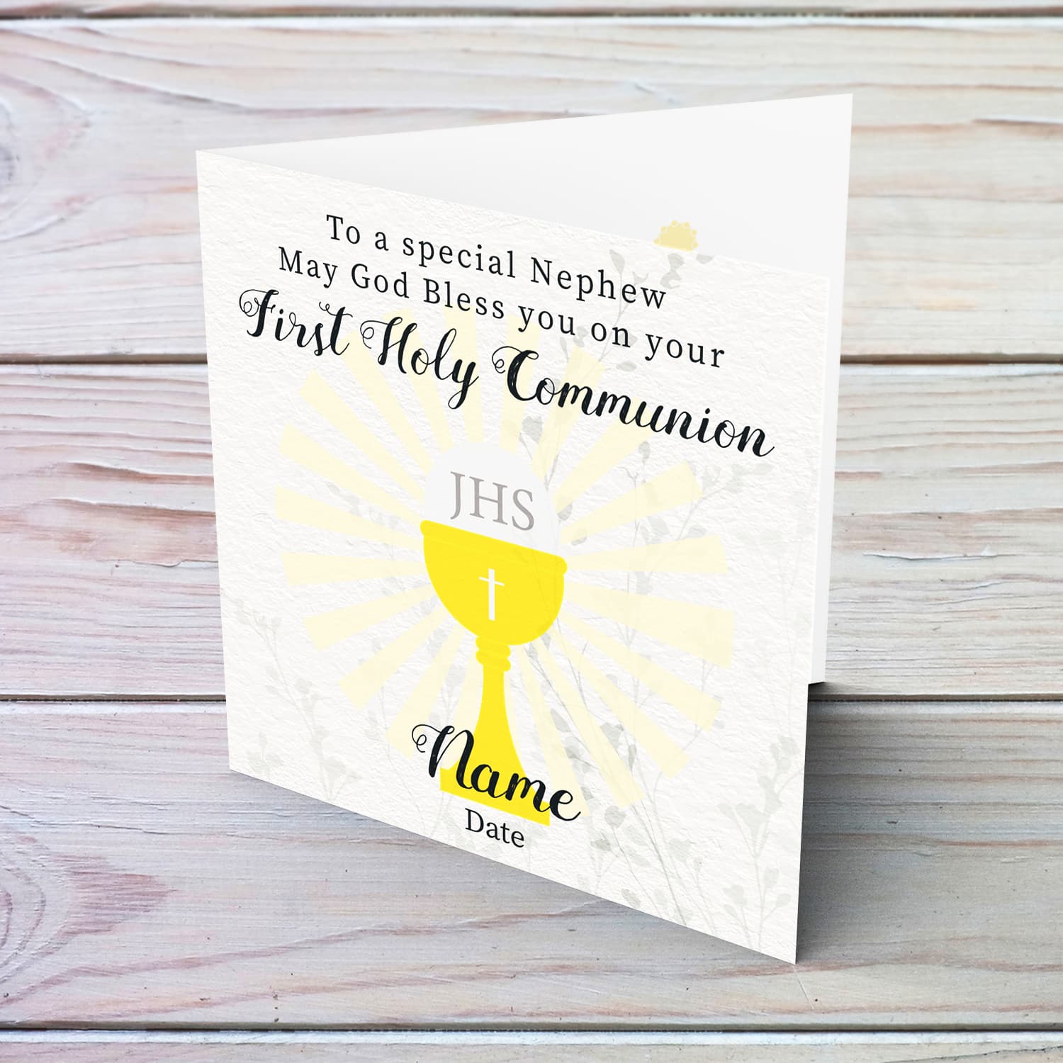 A beautiful First Holy Communion Card for Nephew, feauturing a chalice and holy bread with a neutral background in English (Personalisable)