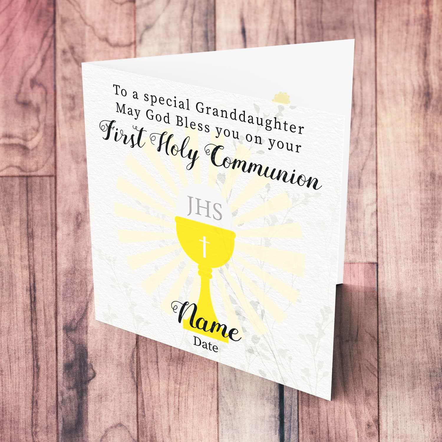A beautiful First Holy Communion Card for Granddaughter, feauturing a chalice and holy bread with a neutral background in English (Personalisable)