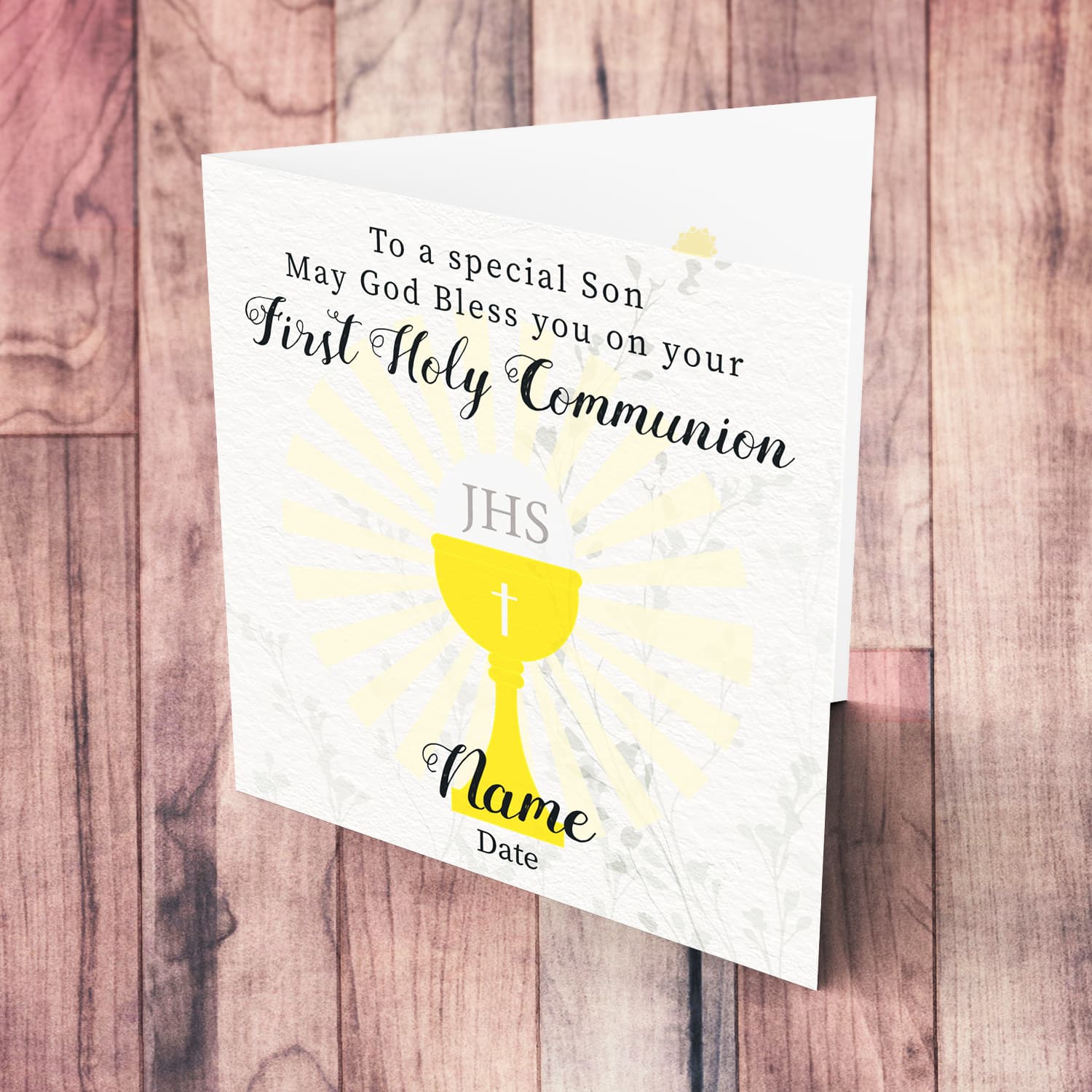 A beautiful First Holy Communion Card for Son, feauturing a chalice and holy bread with a neutral background in English (Personalisable)