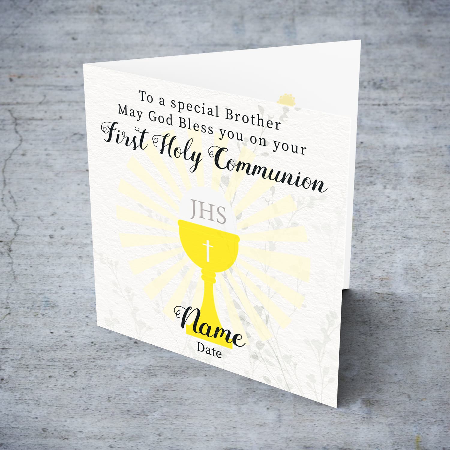 A beautiful First Holy Communion Card for Brother, feauturing a chalice and holy bread with a neutral background in English (Personalisable)