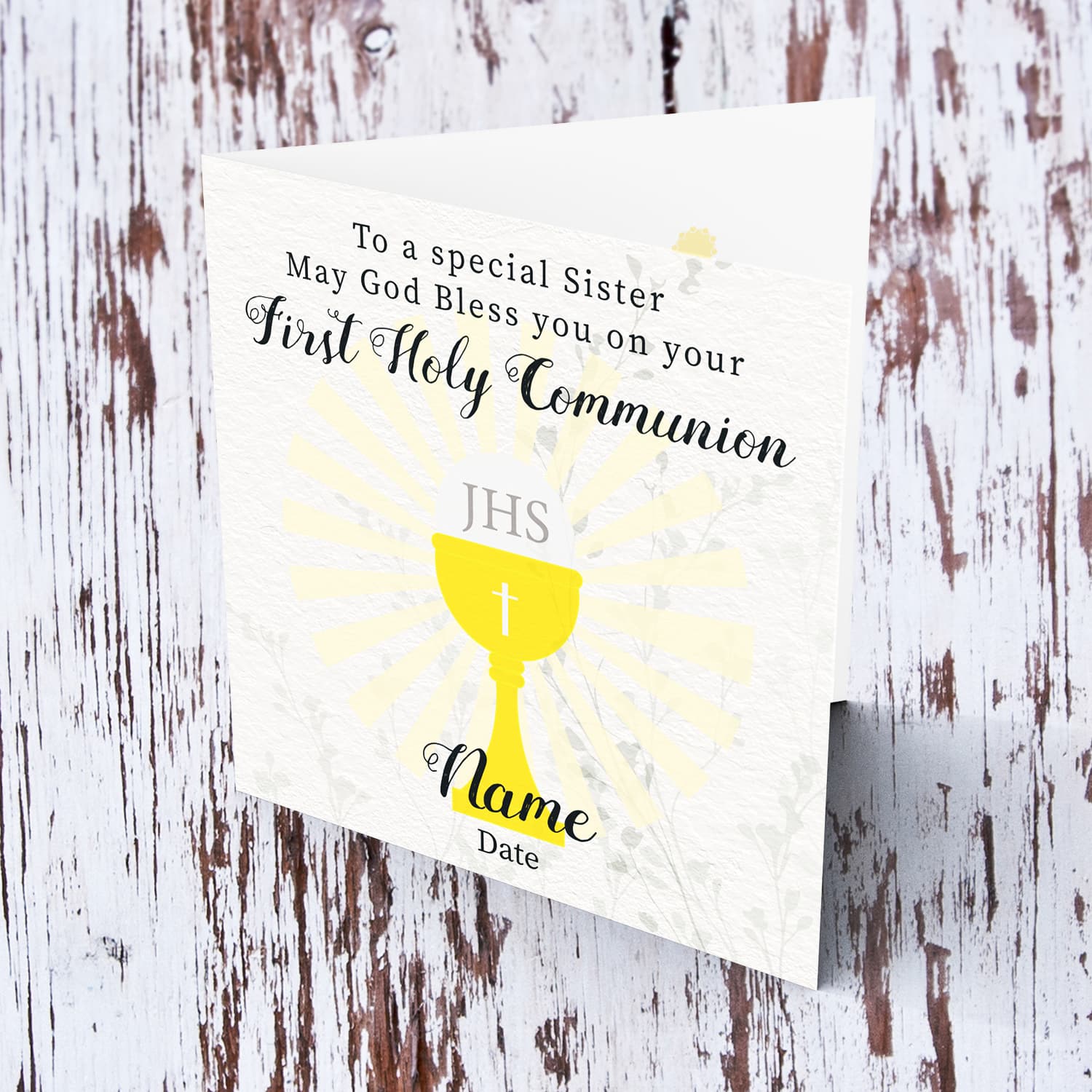A beautiful First Holy Communion Card for Sister, feauturing a chalice and holy bread with a neutral background in English (Personalisable)