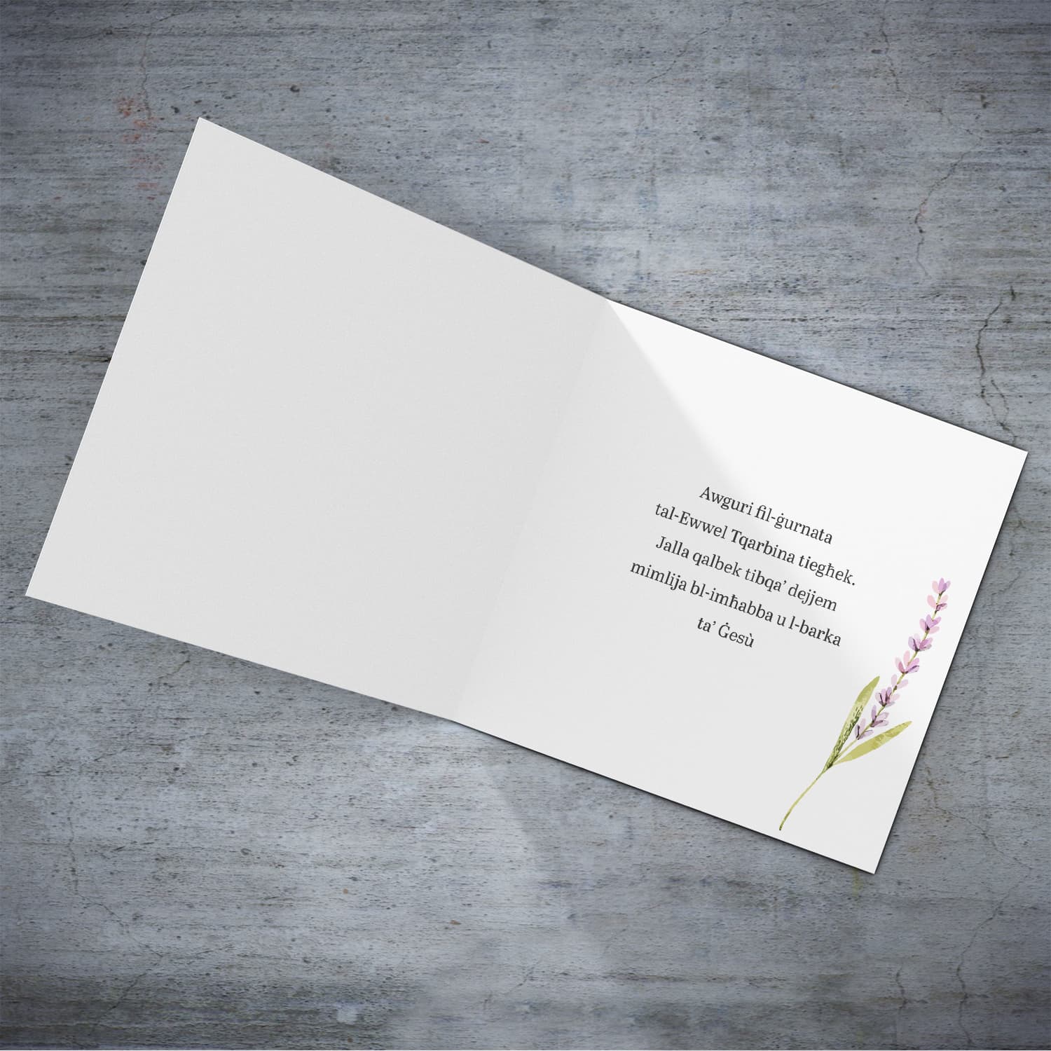 A purple floral themed First holy communion card for a dear sister with gold cross for a dear girl in Maltese (Personalisable) 