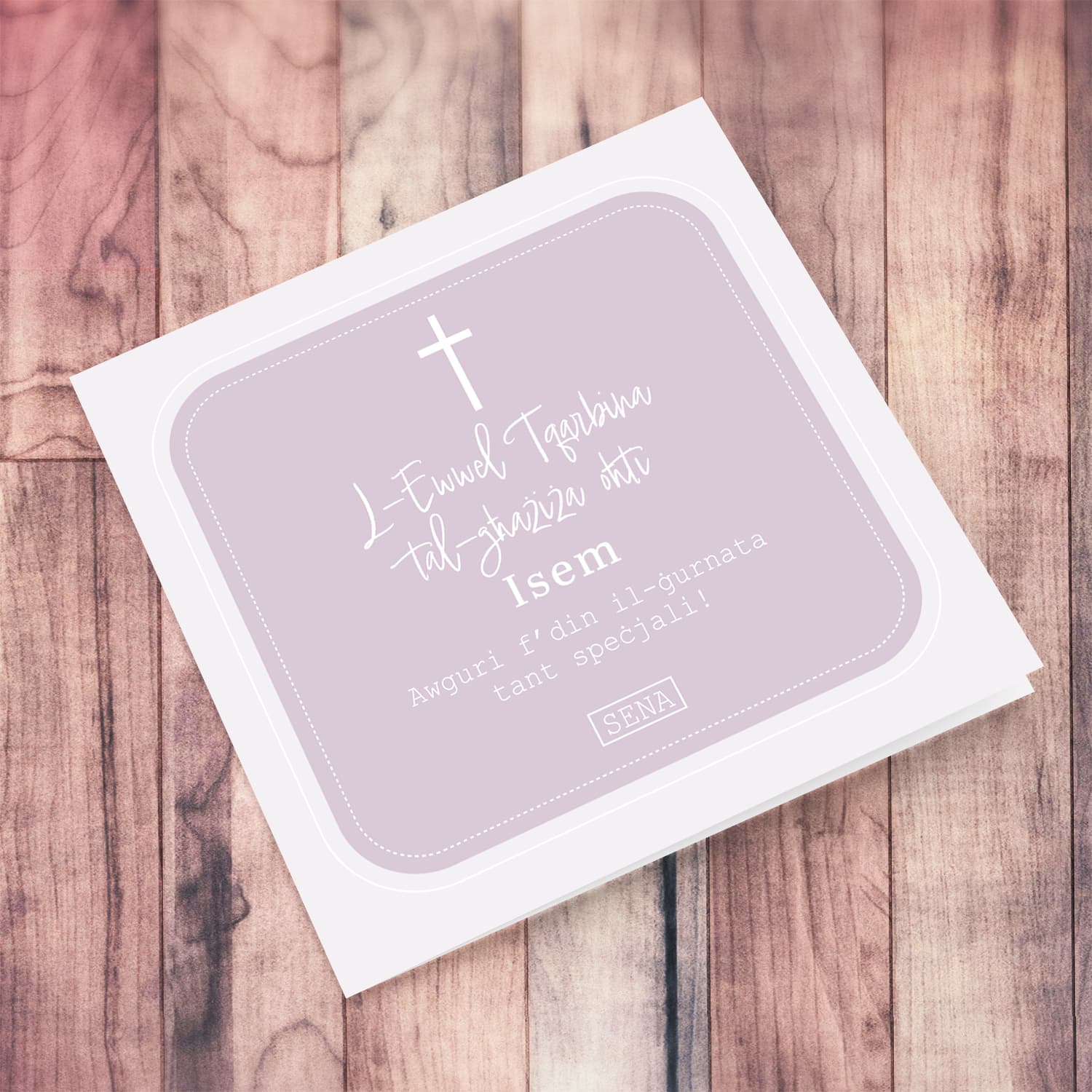 Different shades of pink/light purple Holy Communion card for SISTER in Maltese (Personalisable)