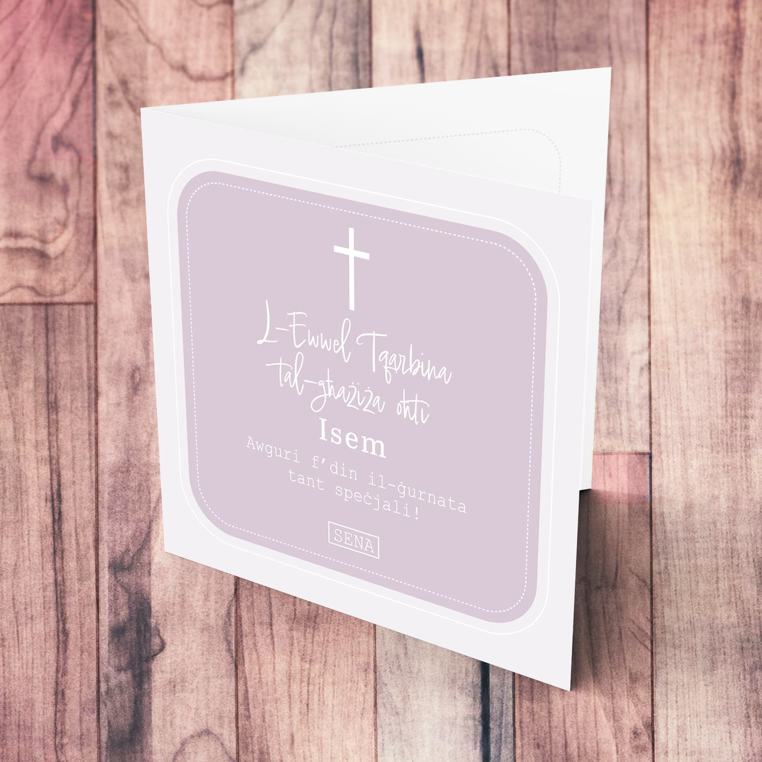 Different shades of pink/light purple Holy Communion card for SISTER in Maltese (Personalisable)