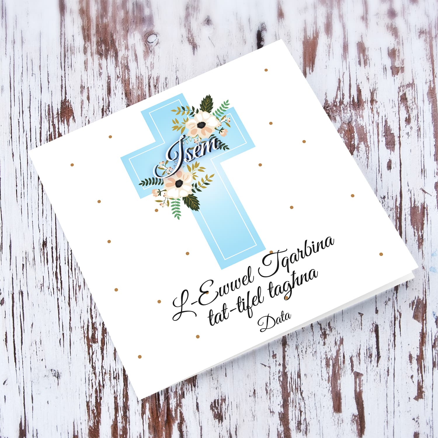 A First Holy Communion card, featuring a light blue cross with pastel florals, for son, in Maltese (Personalisable)
